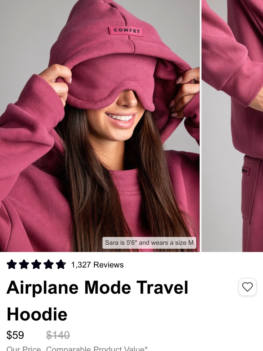 Comfrt Airplane Mode Travel Hoodie Berry xs - Picture 3 of 4